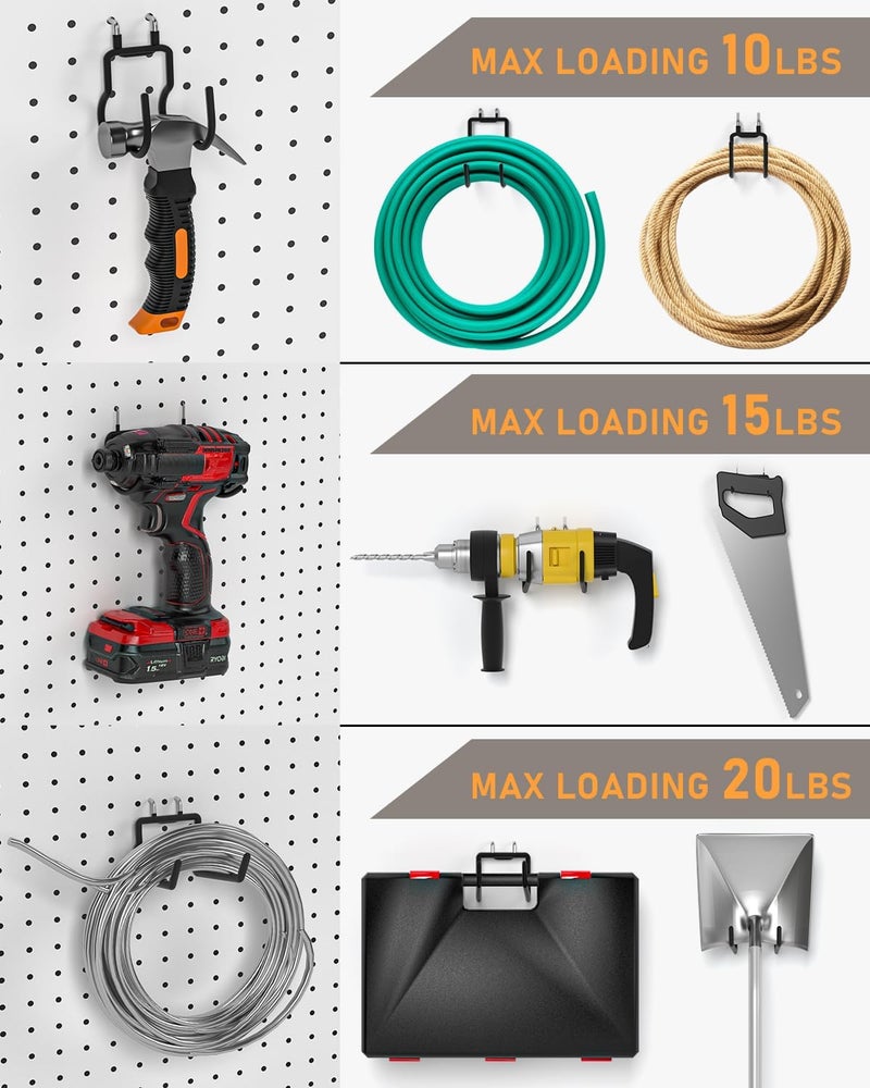 INCLY 10 Pack Heavy Duty Pegboard Hooks, 1/4" Pegboard Drill Holder Tool Utility Hooks, Peg Board Tool Hangers Accessories for Hanging Power Tools, Drill, Hammer, Workbench, Garage - Image 4